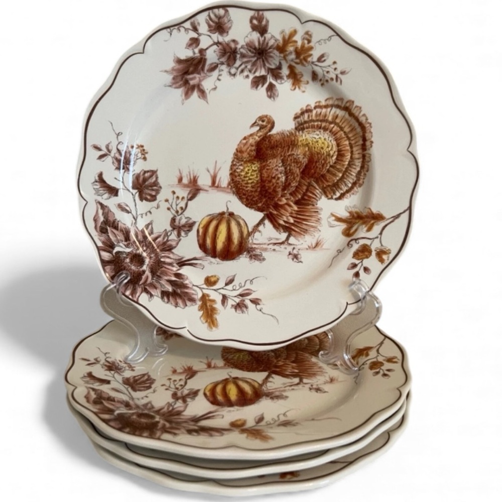 SET OF 4 MAXCERA THANKSGIVING FALL TURKEY PUMPKIN TOILE SALAD  PLATES NEW